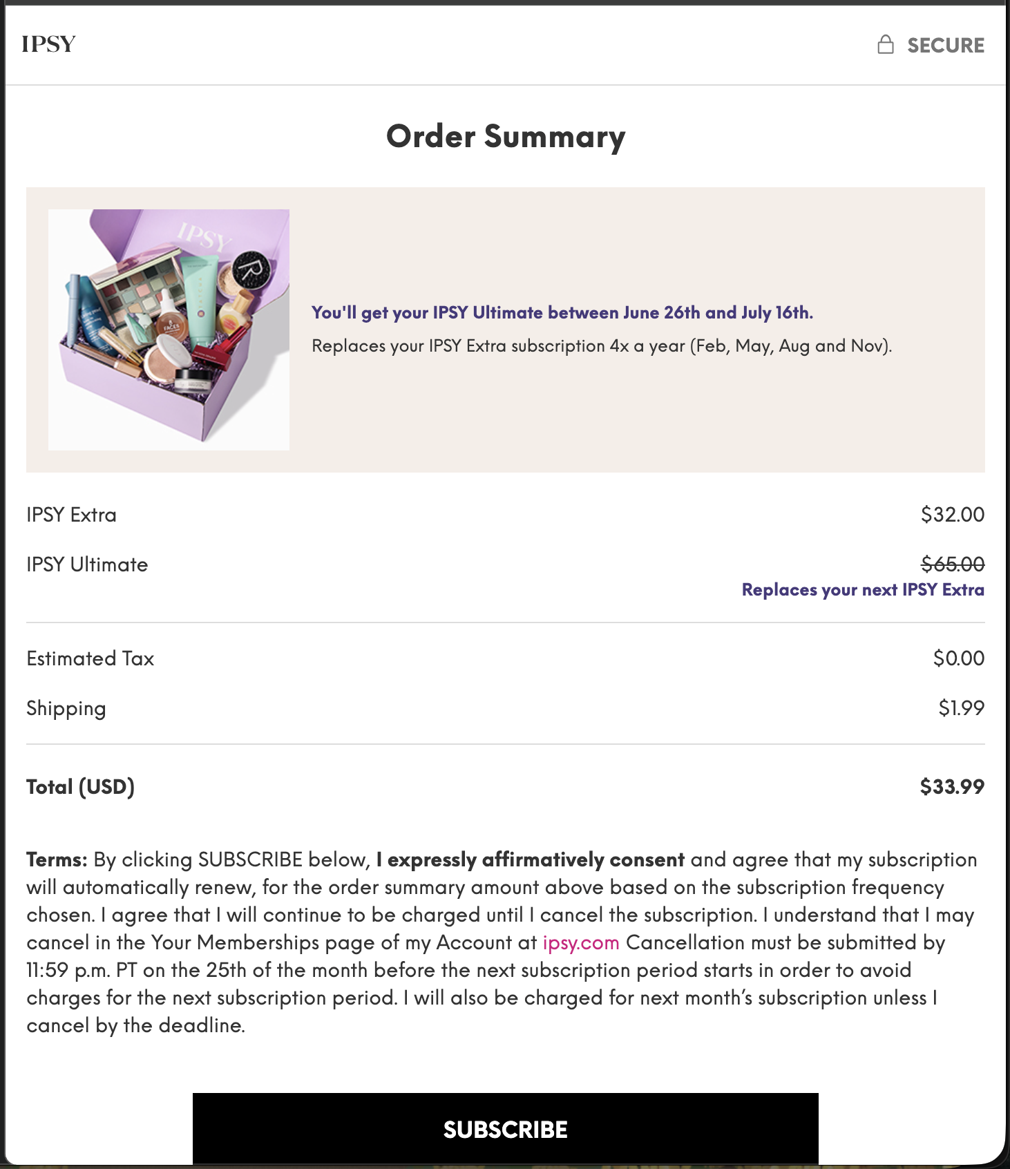 Order summary — $33.99 today, $65 Ultimate struck through and deferred